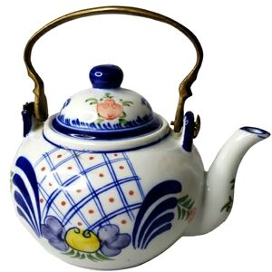 Vintage Hand Crafted Thailand Brass Handle Porcelain Asain Teapot Cottage Countr